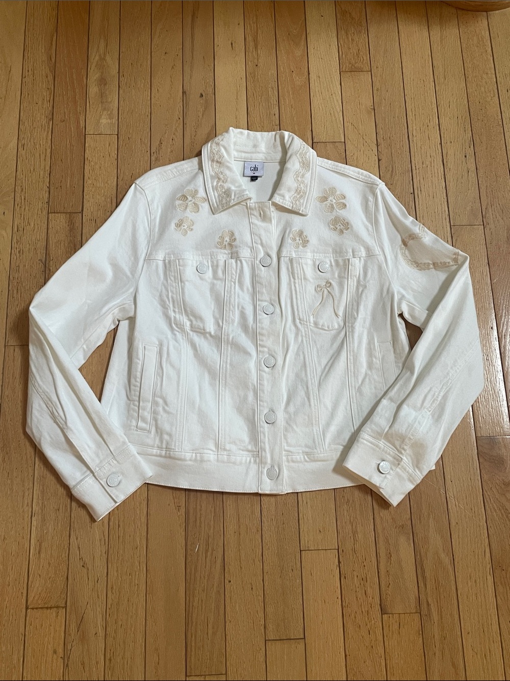 CAbi Cream Embroidered Denim Jacket- Ladybird Jacket